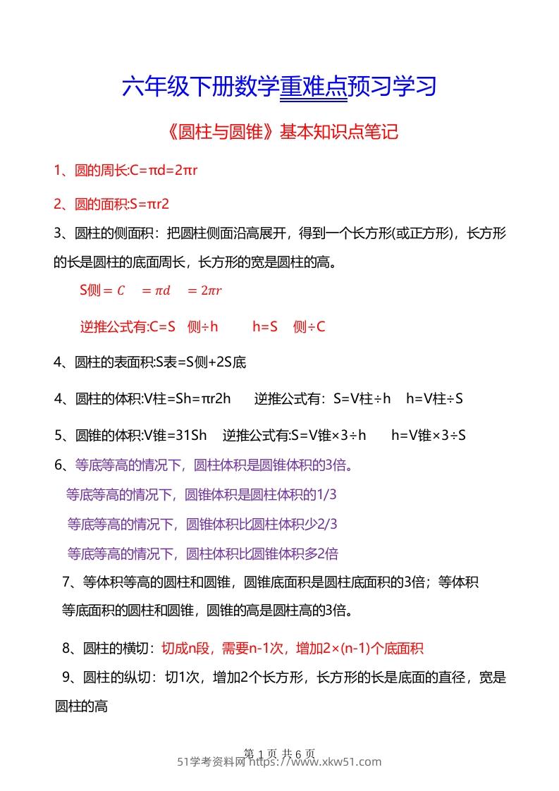 六年级下册数学重难点《圆柱与圆锥》-清风学科网