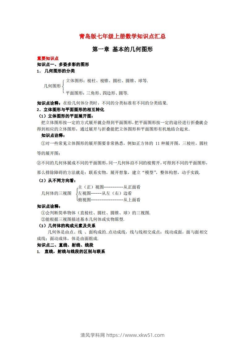 青岛版七年级上册数学知识点汇总-清风学科网