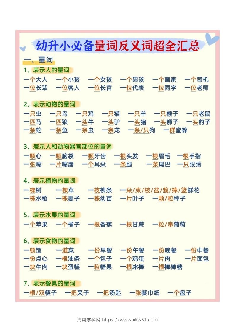 幼小衔接必备量词反义词汇总-清风学科网