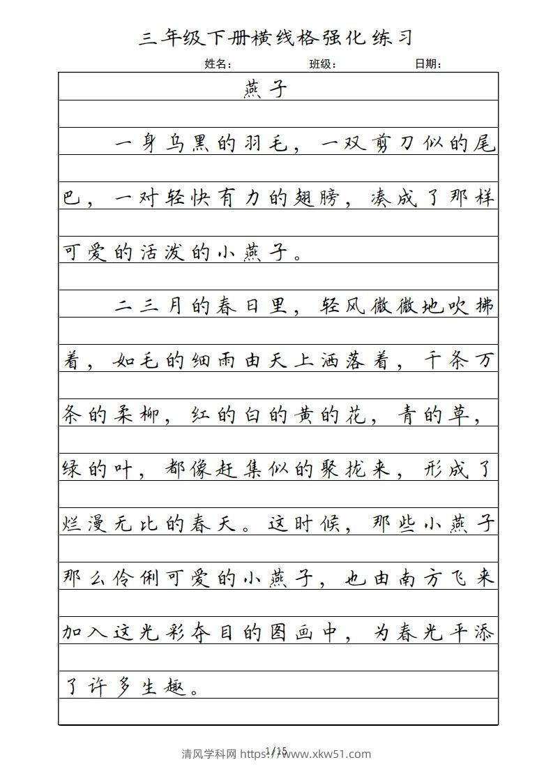 三年级语文下册横线格（部编版）-清风学科网