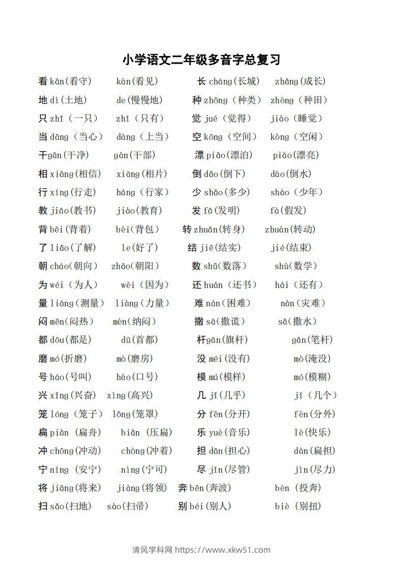 二年级语文上册多音字汇总❤️()-清风学科网