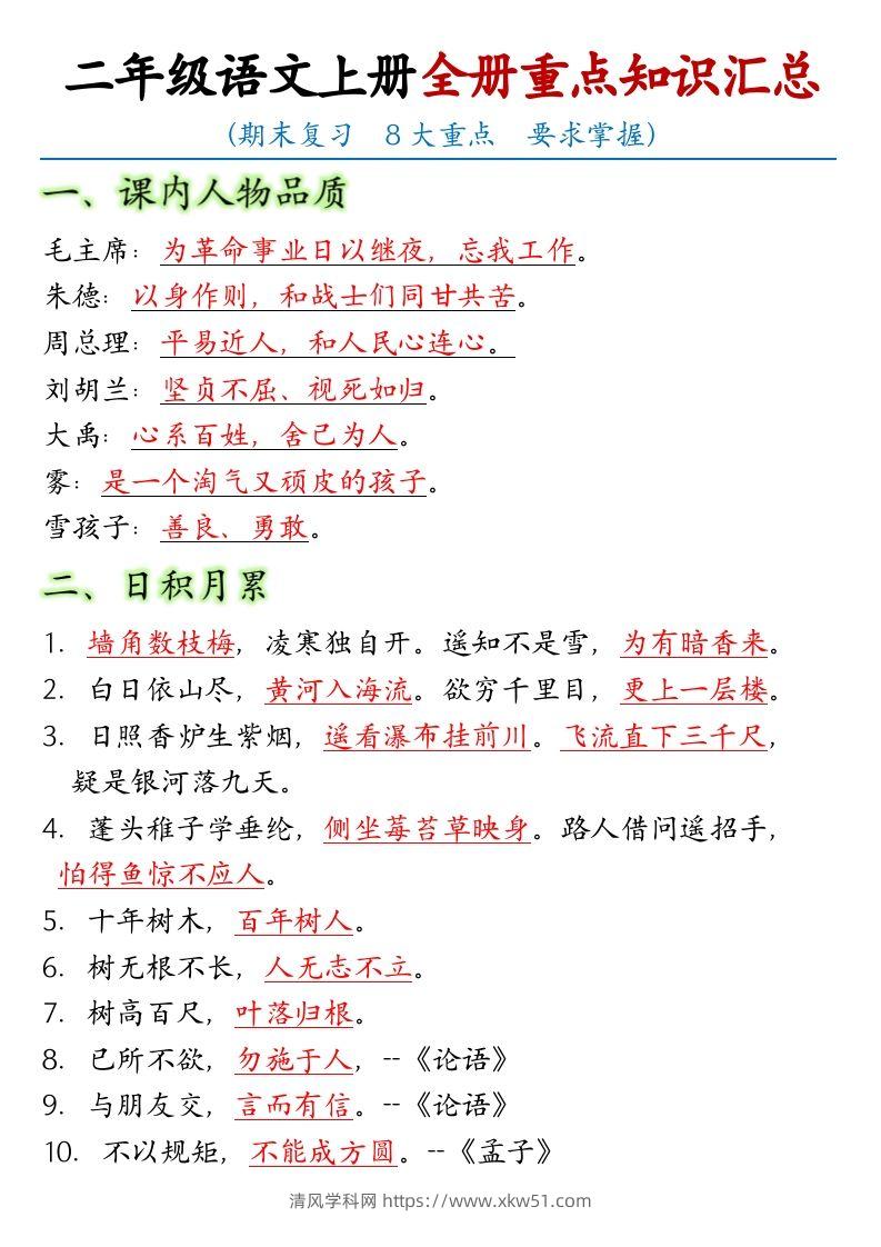 【全册重点考点归纳】二上语文-清风学科网
