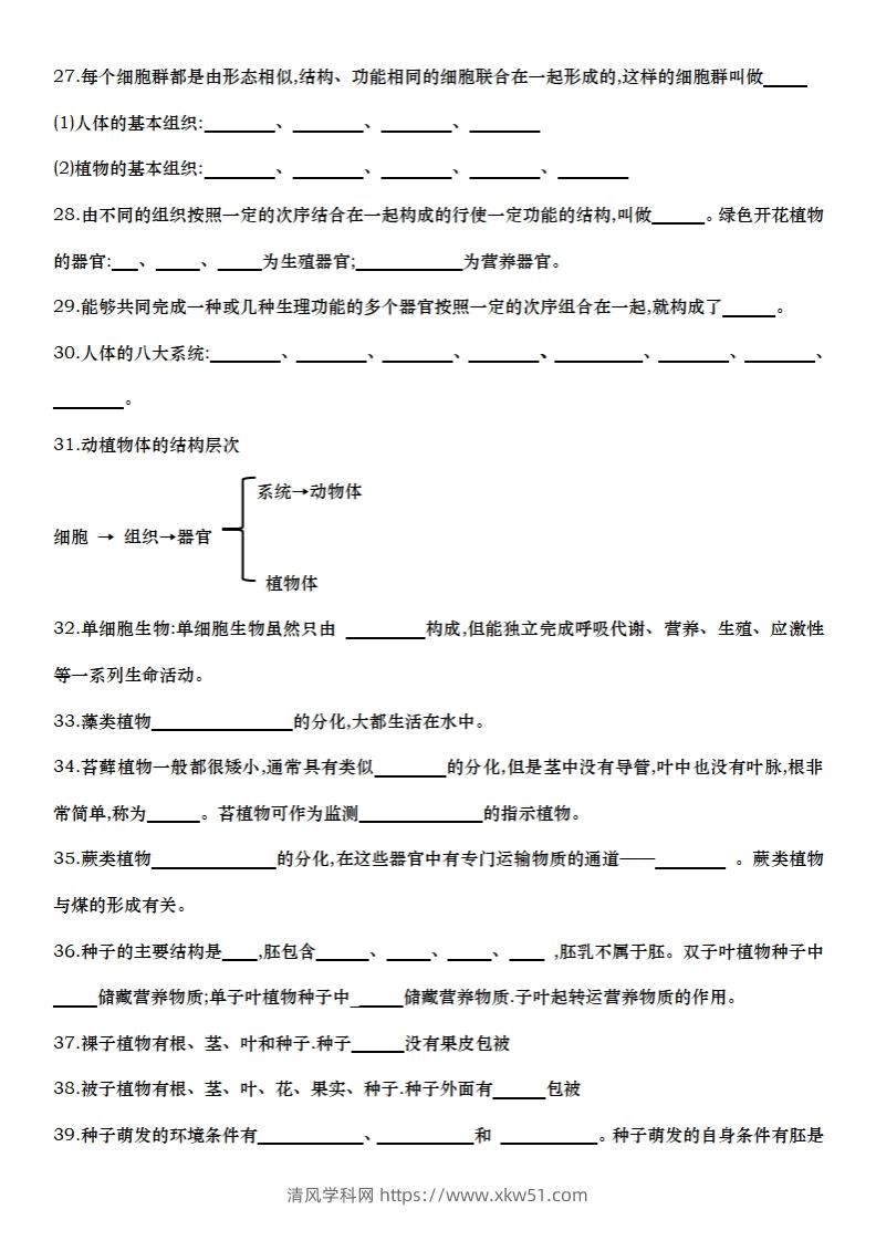 图片[3]-七上生物全册知识点填空72题（空白）-清风学科网