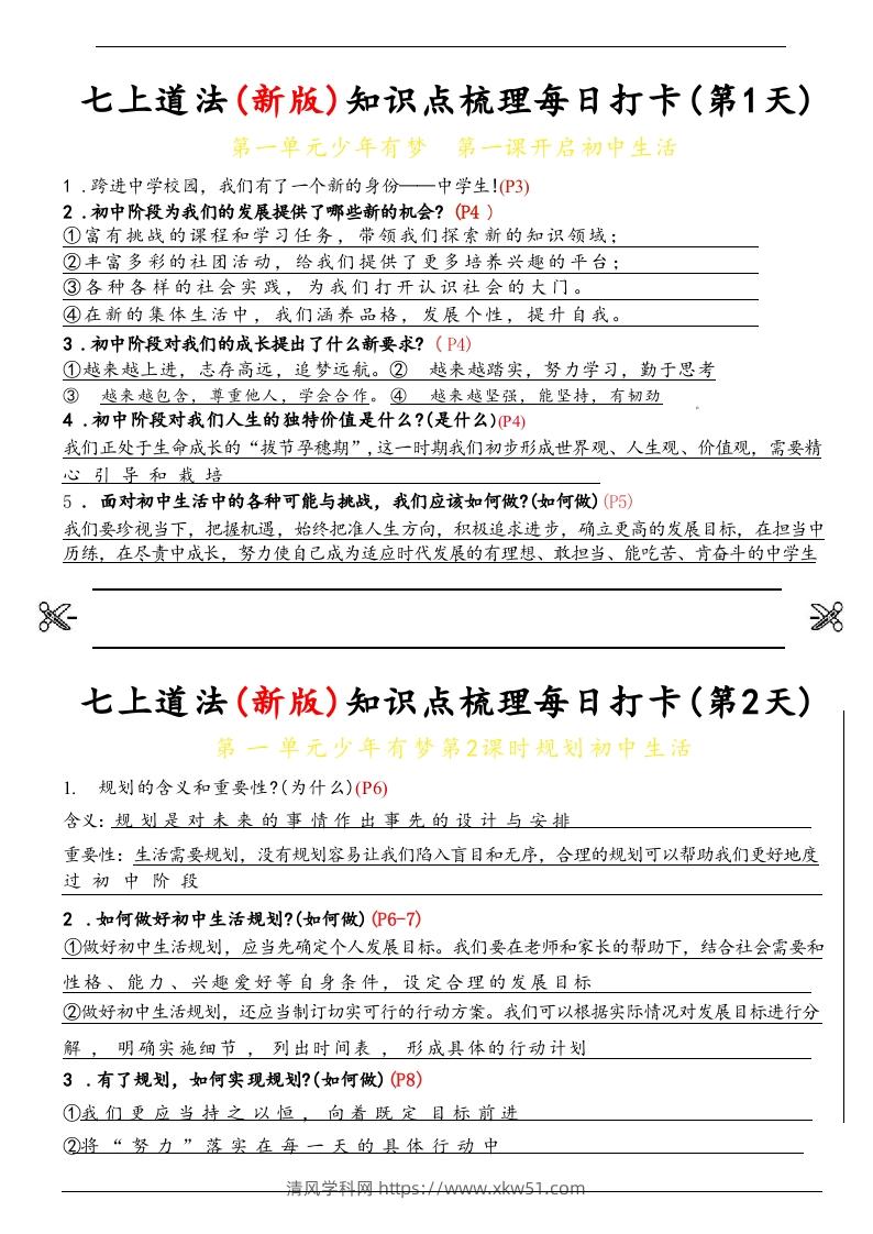 【24新版】七上道法(新版)知识点梳理每日打卡_纯图版-清风学科网