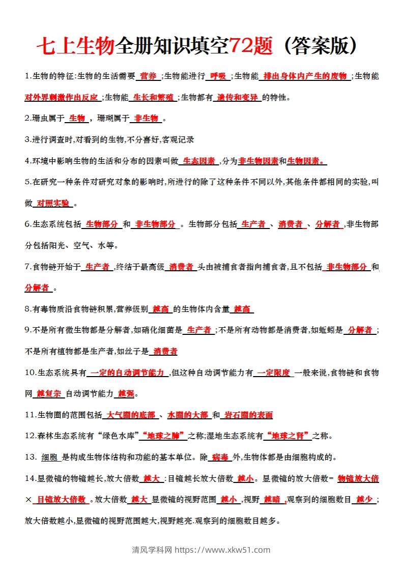 七上生物全册知识点填空72题（答案）-清风学科网