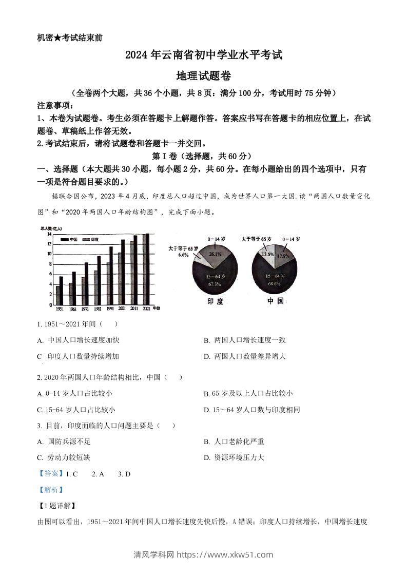 2024年云南省中考地理试题（含答案）-清风学科网