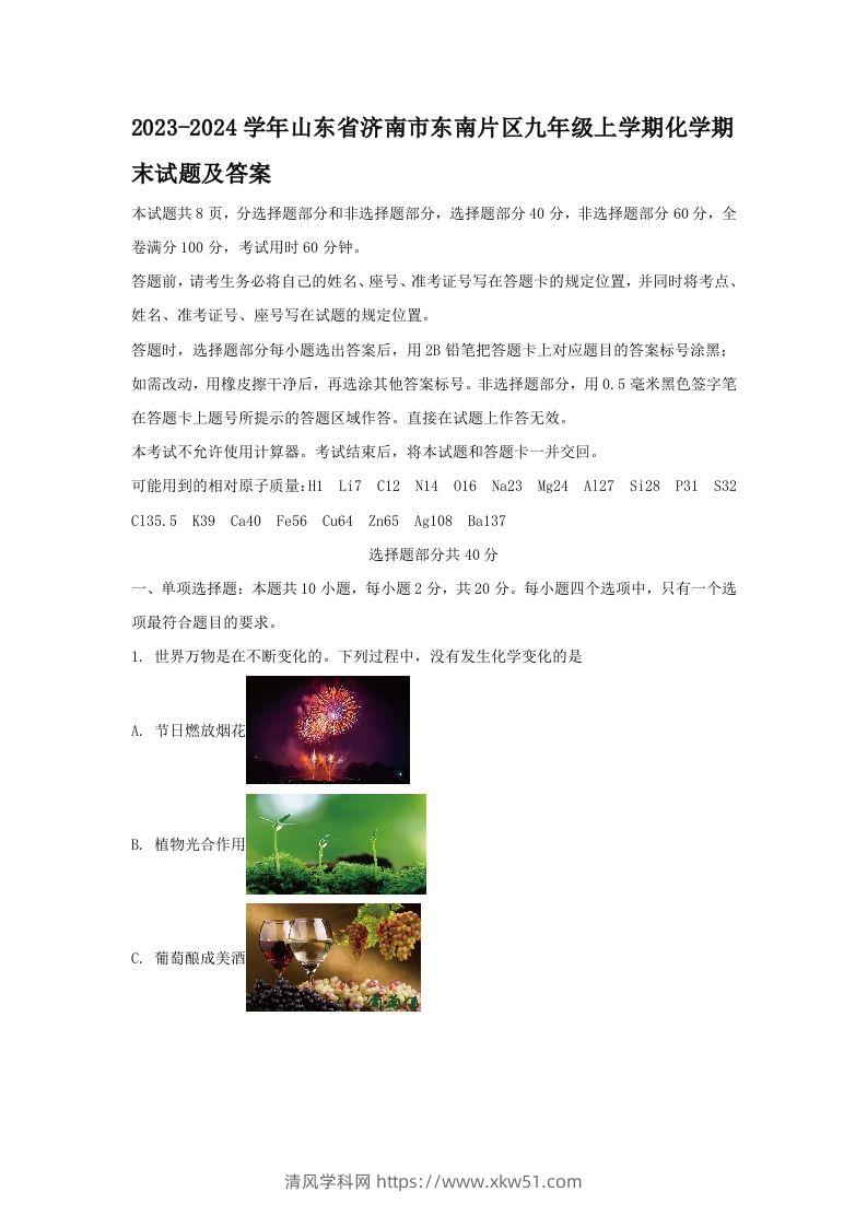 2023-2024学年山东省济南市东南片区九年级上学期化学期末试题及答案(Word版)-清风学科网