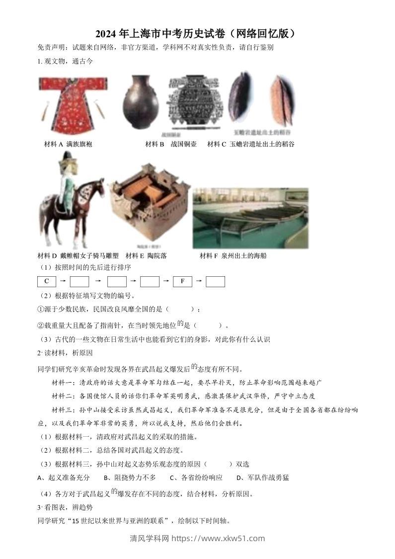 2024年上海市中考历史试题（网络回忆版）（空白卷）-清风学科网
