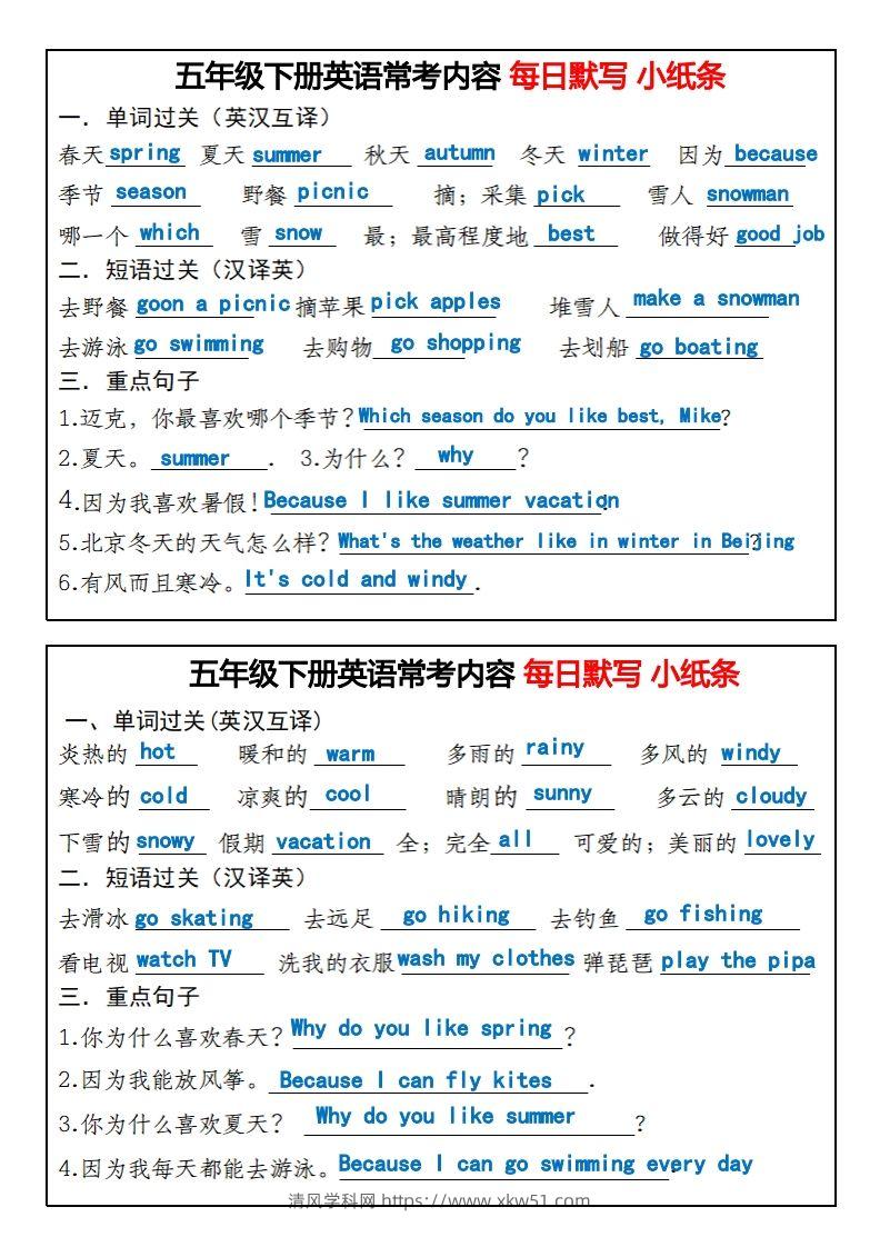 图片[2]-《英语常考内容每日默写小纸条》五下英语人教PEP-清风学科网
