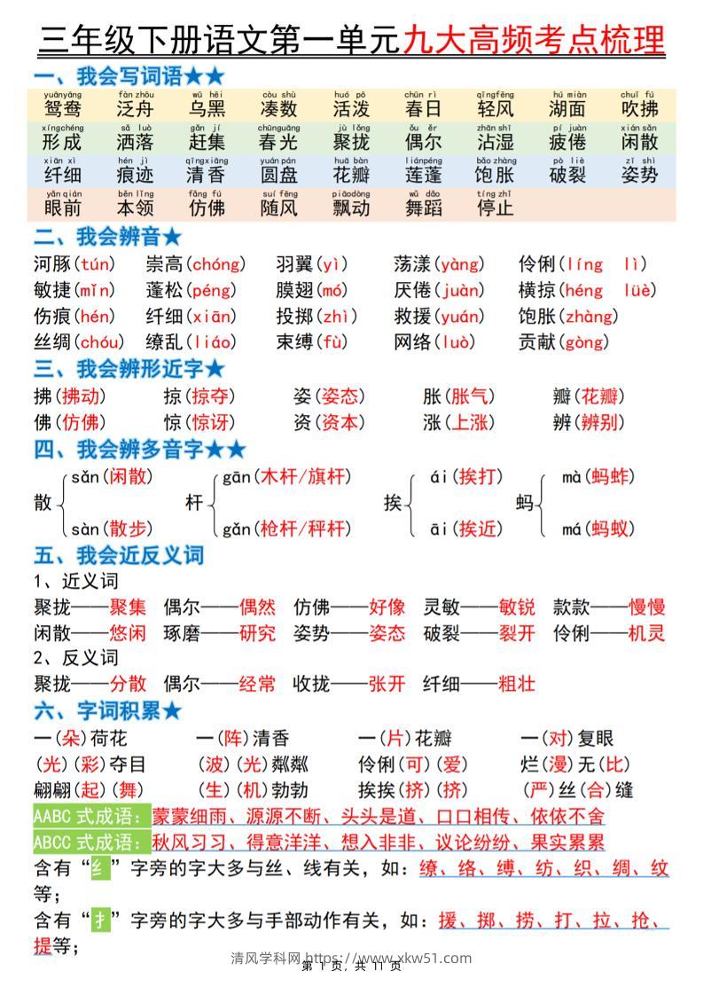 三下语文期中复习1-4单元高频考点梳理（11页）-清风学科网